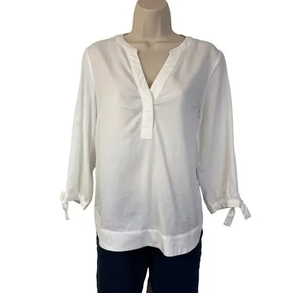 Crown & Ivy White Long Sleeve Pop Over Top Button V Neck Loose Flattering Fit - Picture 6 of 16